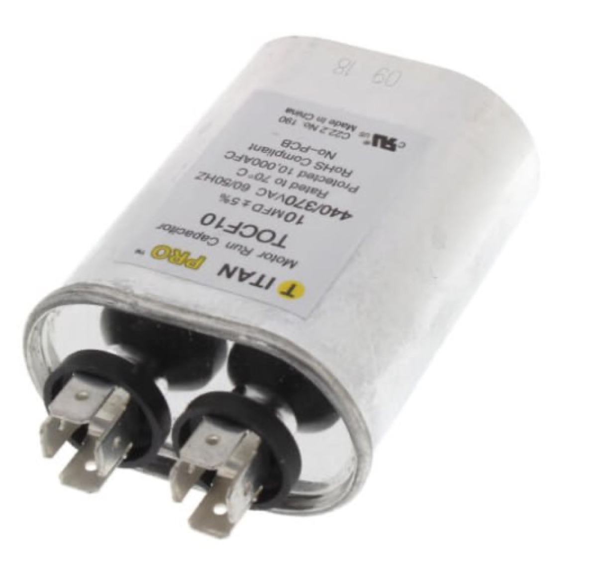 An oval single run capacitor rated 10 microfarads at 440/370VAC, with two terminal posts
